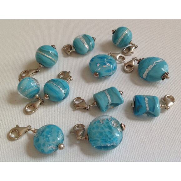 Lela Belle Hand Blown Murano Glass Beads - Set of 11 - Shades of Turquoise C2 - Picture 1 of 12